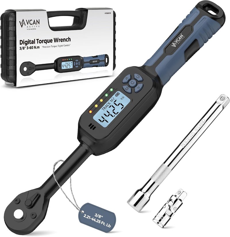 VCAN ACTIVE 3/8 Torque Wrench Digital (2.21-44.25 Ft. Lb) ±2% Accuracy Digital Inch Pound Torque Wrench 3/8 Drive Ratchet with Buzzer LED Flash Track Mode/Universal Joint & 6" Xtension Bar for Bike Moto Auto - Image 1